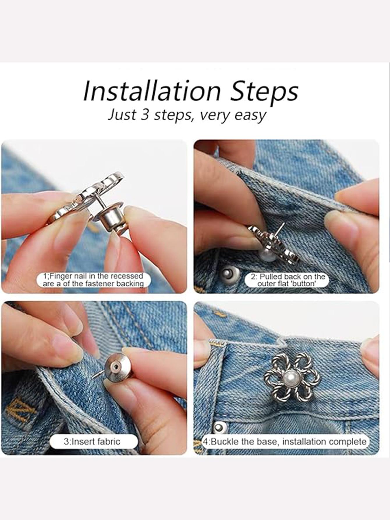 8 Pcs Floral Jeans Button Waist Tightener Set, Adjustable Buckle Kit, Seamless, No Tools, Detachable Decorative Buttons, Loose Fit