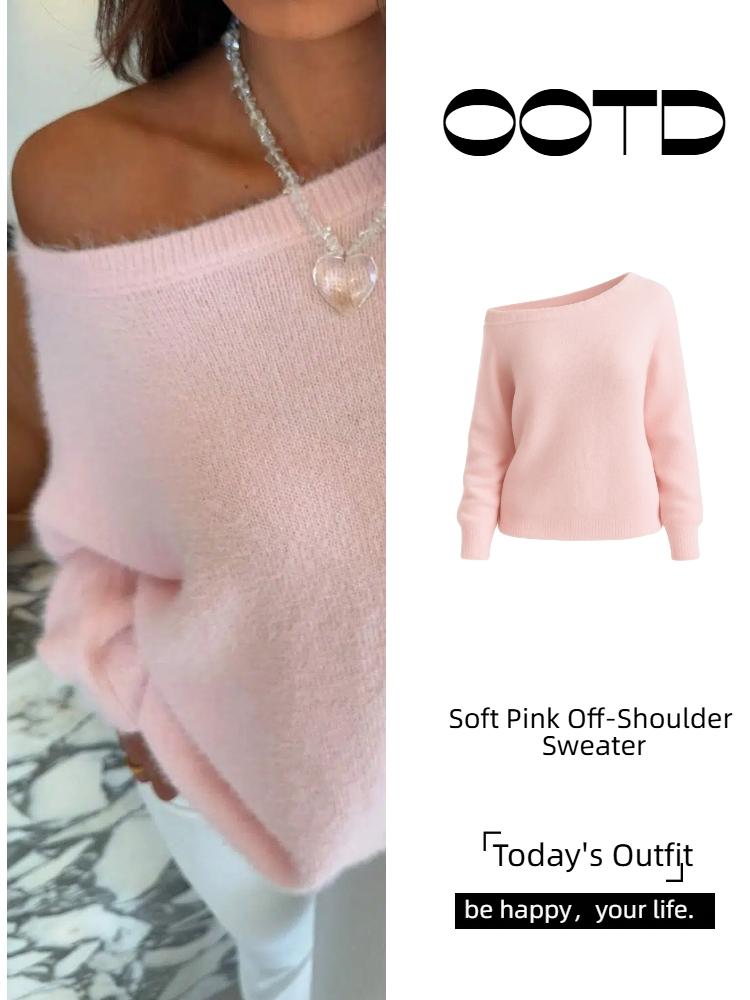 Women's Plush One-Shoulder Knit Top, Knitwear, Soft Pullover Sweater, Warm Autumn Winter Loose Fit Long Sleeve, Elegant Sweet Style