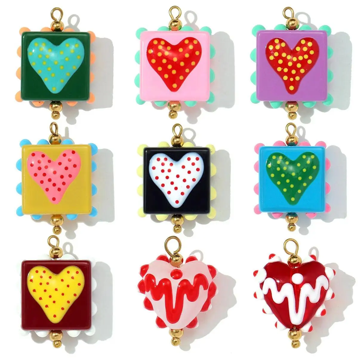 3pcs/Lot Stainless Steel Lampwork Glass Necklace Pendant Heart DIY Earring Charms Women Square  Coloured Glaze Jewelry