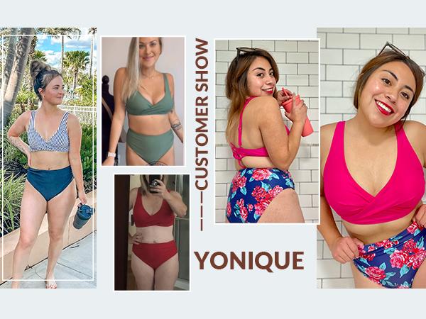 Yonique Women's Two Piece High Waisted Bikini Set Tummy Control Swimsuit Full Coverage Bathing Suit Criss Cross Bikini Top Twist Front Bikini Top with Ruched Bikini Bottoms