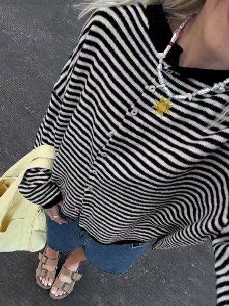 Elegant Knitted Cardigan for Fall & Winter, Unique Design Colorblock Striped Sweater, Long Sleeve Casual Fashion Knitwear
