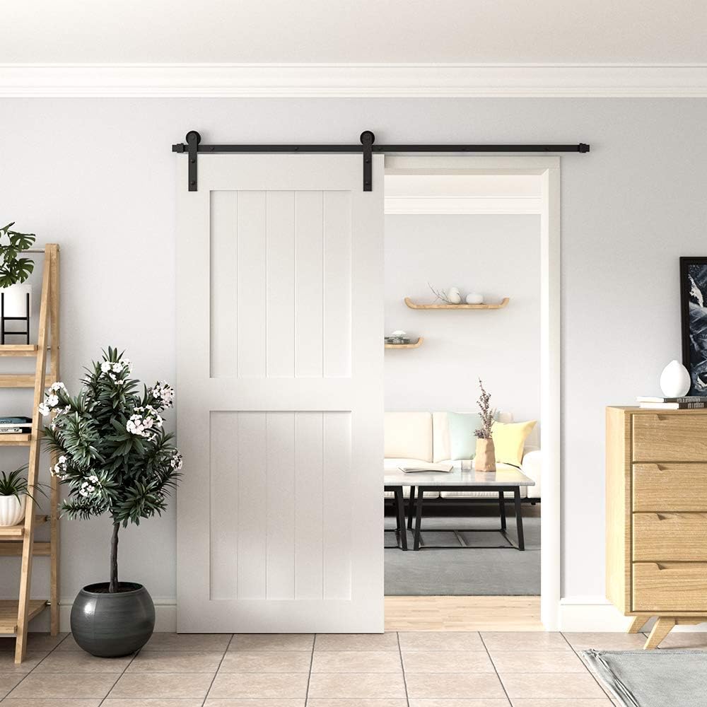 Modern 6.6FT Aluminium Alloy Sliding Barn Door Hardware Kit for Single Door - I-Shape Hangers, Black Rail, Silent Glide, Easy Installation, Indoor Use, Tracks, Floor Guide & DIY Necessary Hardware, Sliding Kit