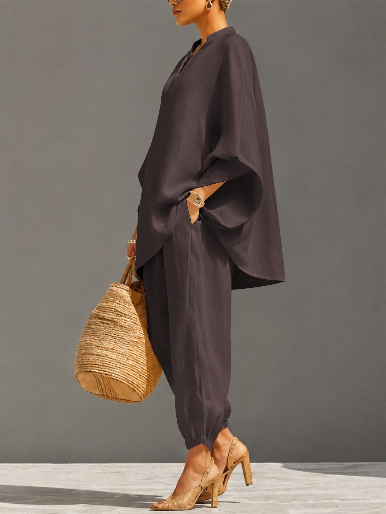 Women's Oversized Light Linen-Look 2-Piece Set, Batwing Long Sleeve Blouse Top & Drawstring Pants, Comfy Casual Style for Travel & Vacation