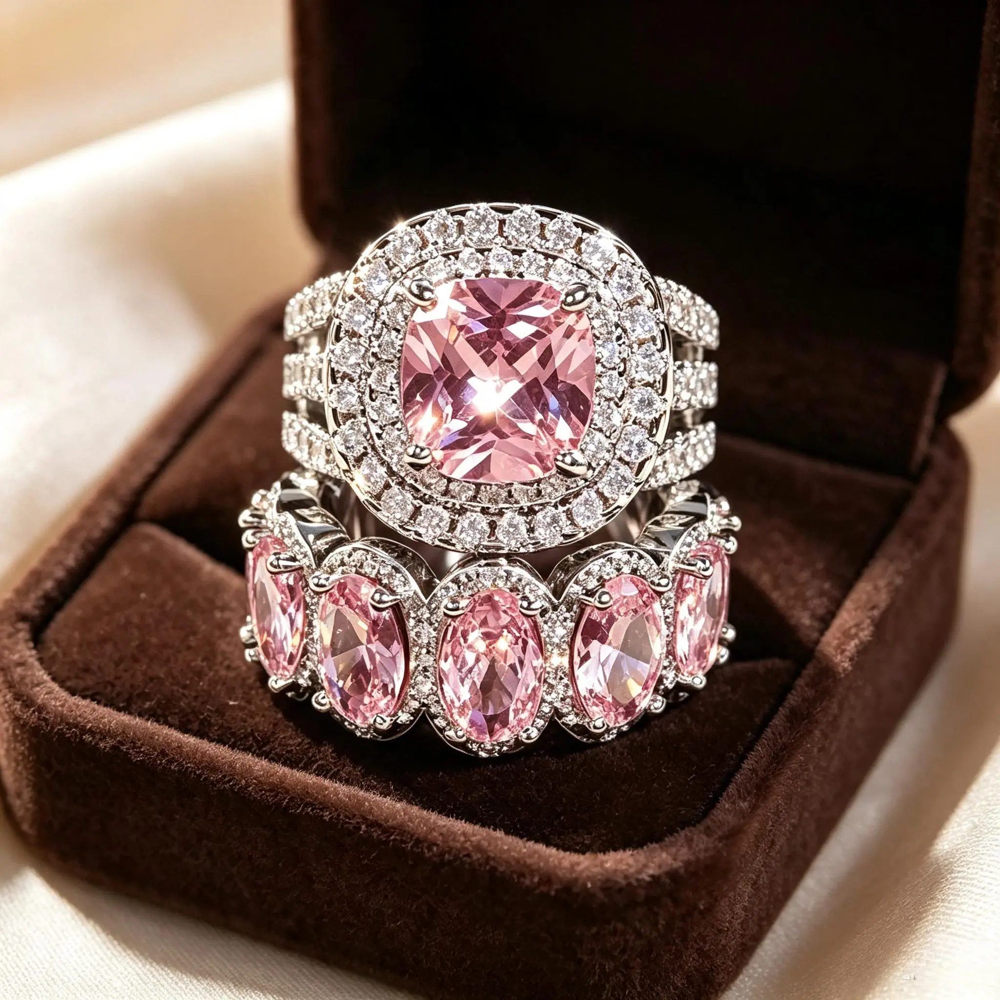 Oval Cut Halo Engagement Ring Set, 2Pcs Bridal Stackable Wedding Band Set, Double Row Statement Promise Ring Jewelry for Women