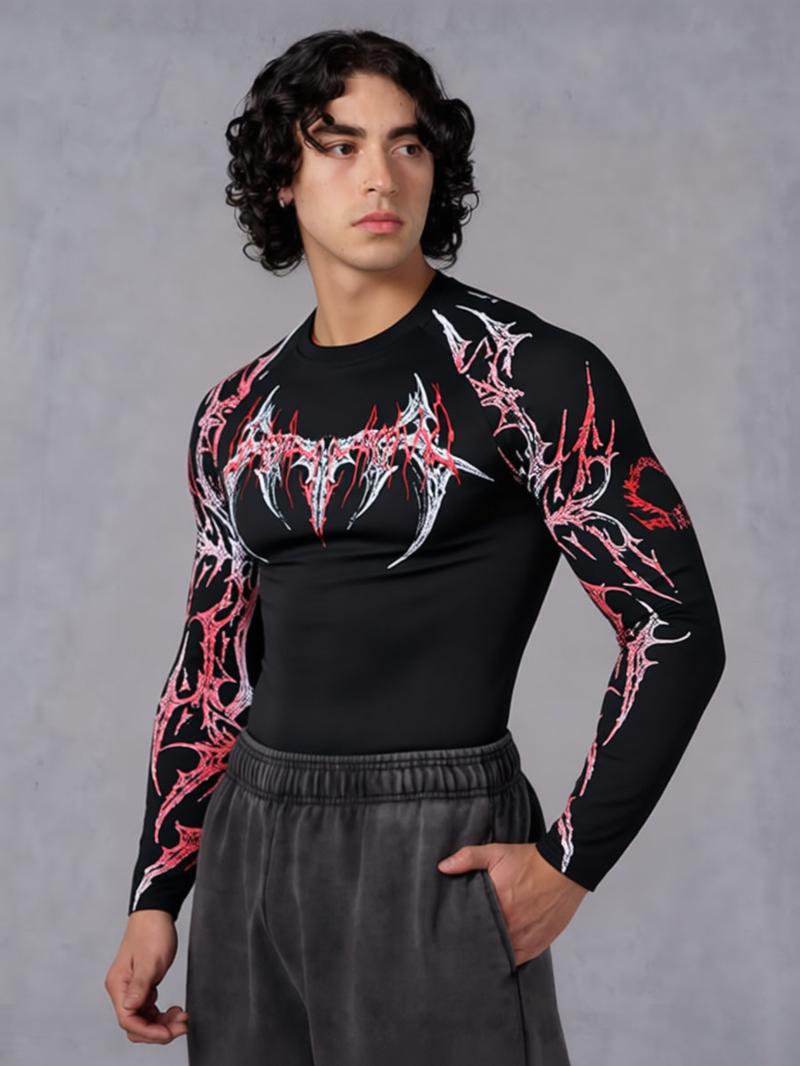 Men's Professional Sports Quick-Dry Fitness Shirt, Gothic Print Long Sleeve, High Elasticity, Round Neck, Moisture-Wicking, Running, Training, Daily Wear, Gym Workout Shirt Men's Professional Sports Quick-Dry Fitness Shirt, Gothic Print Long Sleeve, High Elasticity, Round Neck, Moisture-Wicking, Running, Training, Daily Wear, Gym Workout Shirt