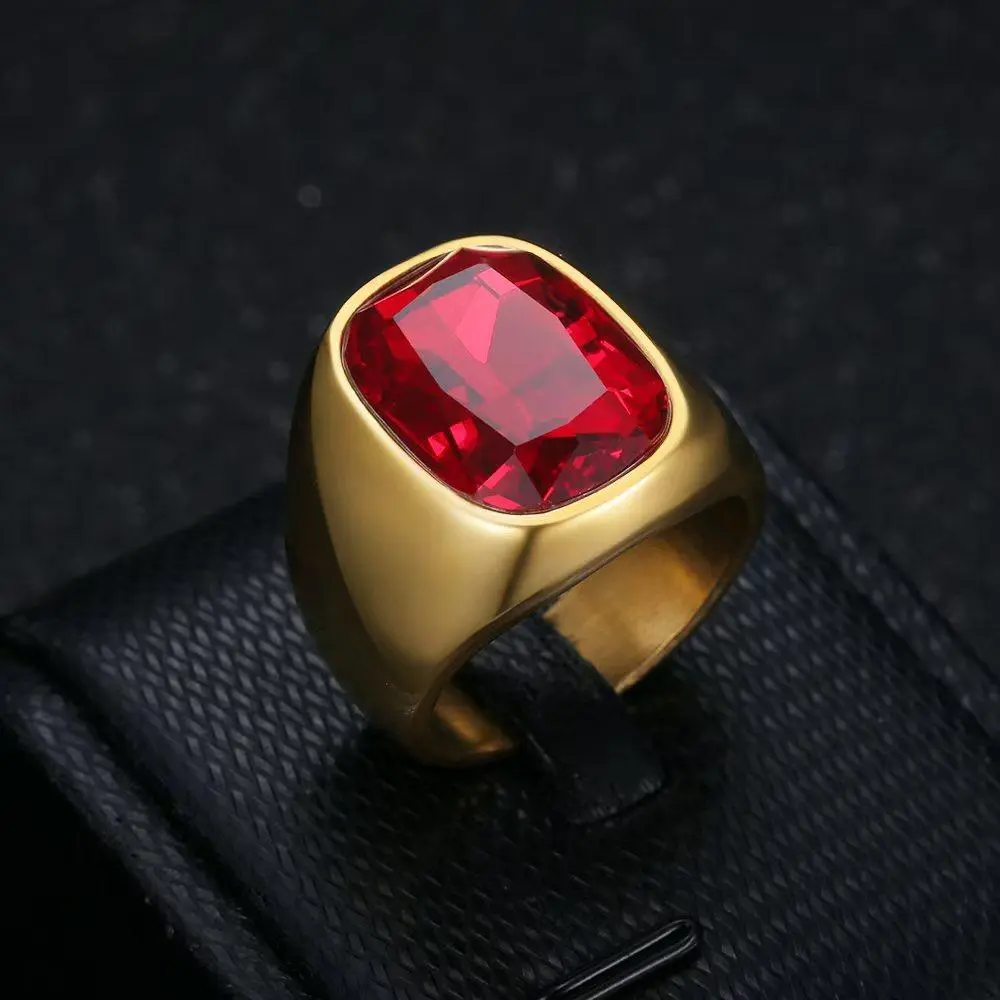 Men's 18K Gold-Plated Geometric Synthetic Coloured Gemstone Stainless Steel Ring - Business Style Metal Coating Accessory, Versatile for Banquets, Daily Wear
