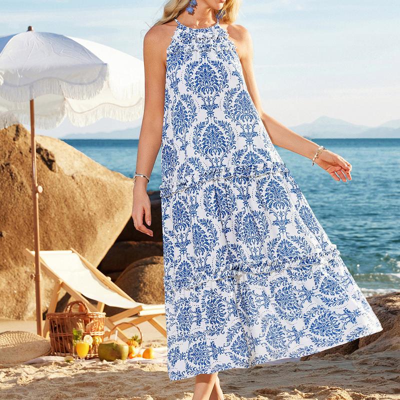 【Valentine's Day Limited】【Runs Large | Size Down】Grace Karin Women's Maxi Boho Dress Casual Summer Loose Long Floral Sundresses Flowy Halter Tiered Beach Vacation Outfits