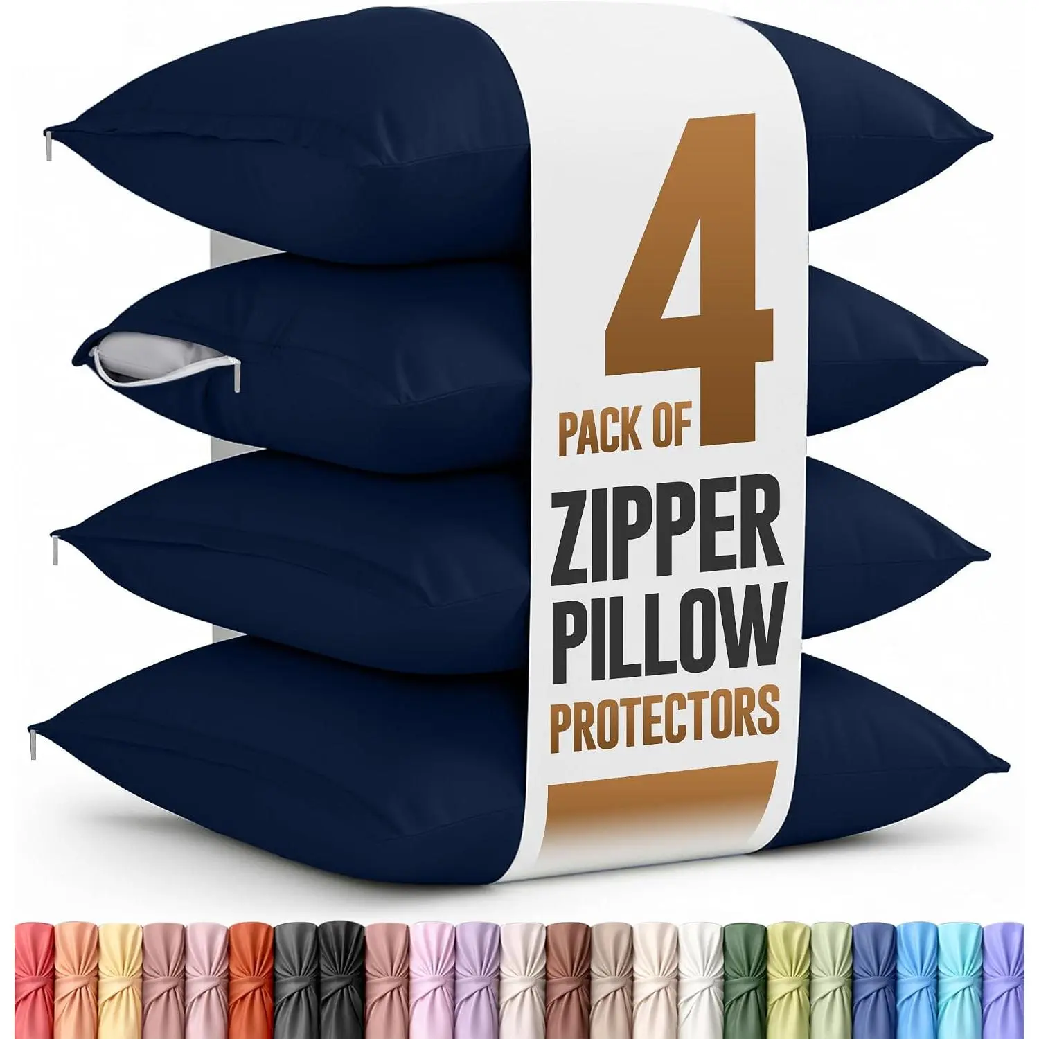 Zippered Pillowcases - Pack of 4 - Soft Brushed Microfiber Fabric - Wrinkle, Shrinkage and Fade Resistant Pillow Covers (, Navy)