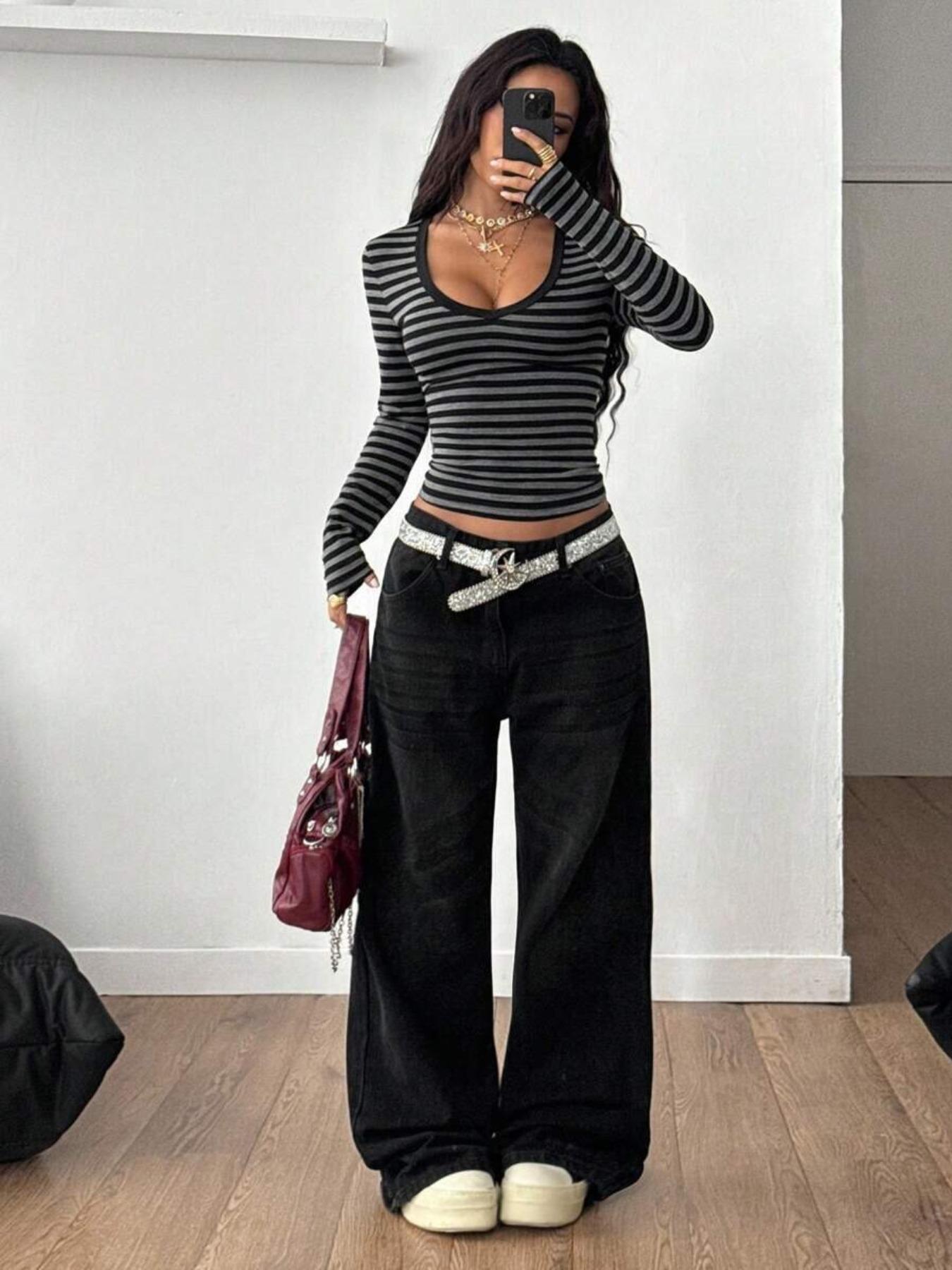 Women's Spring Summer Knitted Striped Slim Fit V-Neck Long Sleeve T-Shirt, Casual Daily Wear, Versatile Layering Top