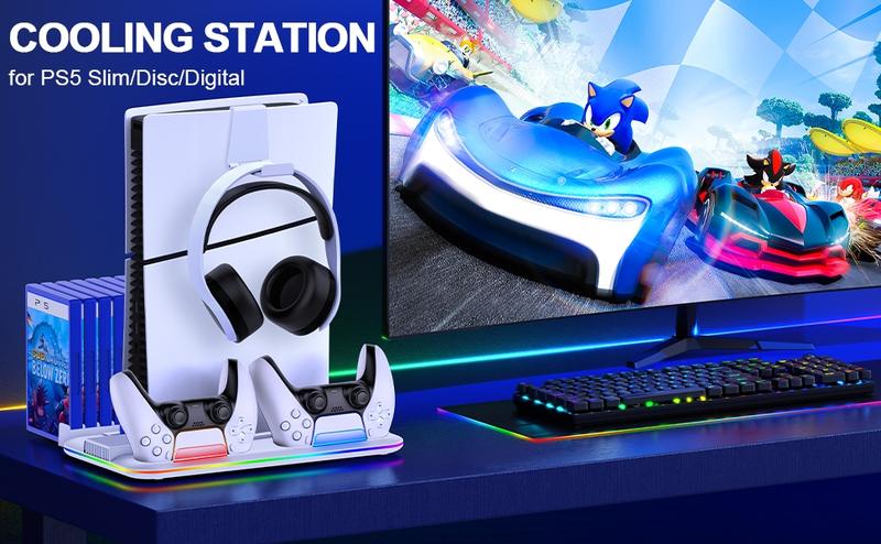 Kydlan PS5 Slim Stand and Turbo Cooling Station with Controller Charging Station for Playsation 5, PS5 Accessories Kits Incl. 3 Levels Cooling Fan, LED Light, 15 Game Slot, Headset Holder for PS5 Digital/Disc