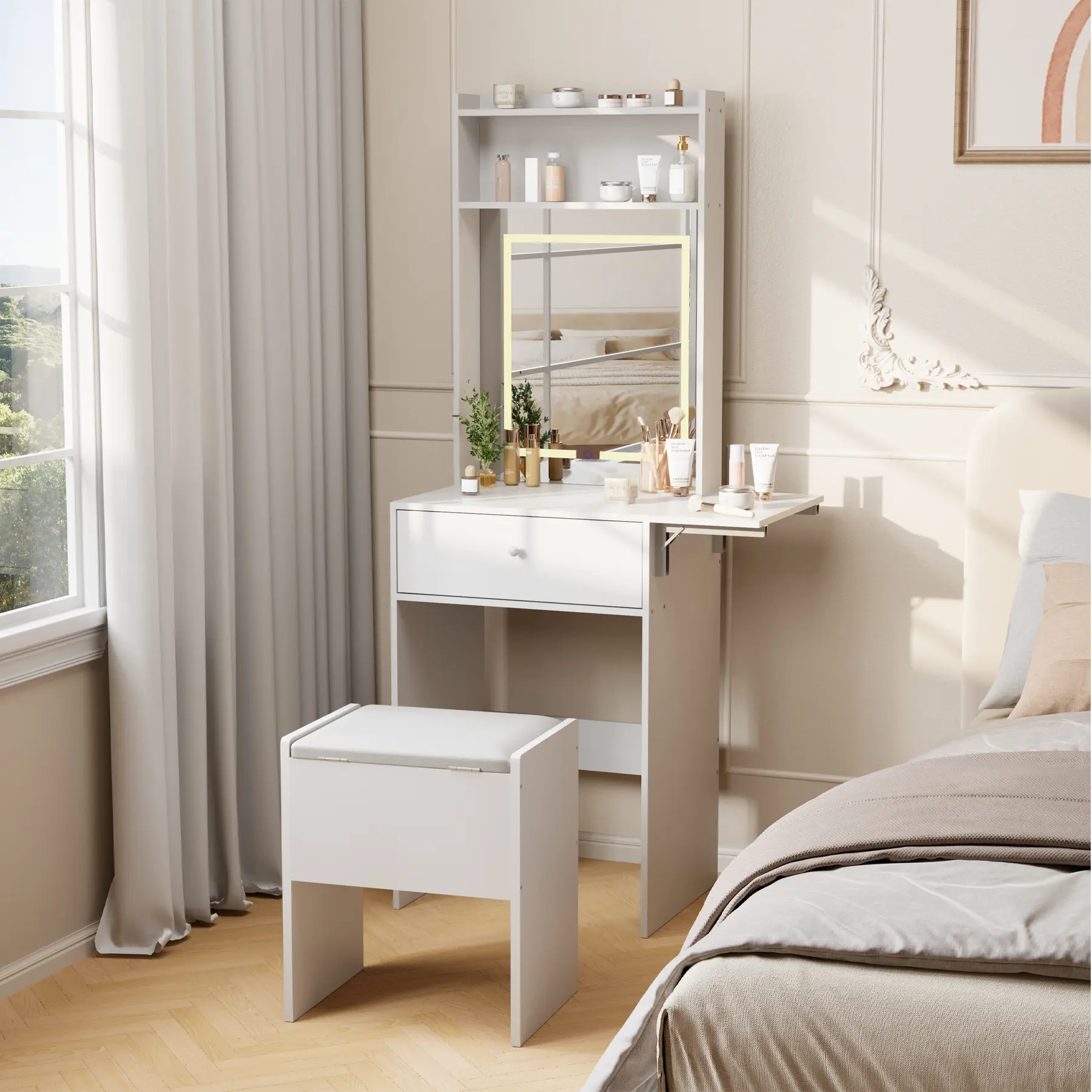 Garvee Modern Fold-Up Makeup Vanity Desk Set with Smart Touch LED Mirror Power Outlets Ample Storage Compact White Dressing Table with Drawers Shelves and Storage Chair