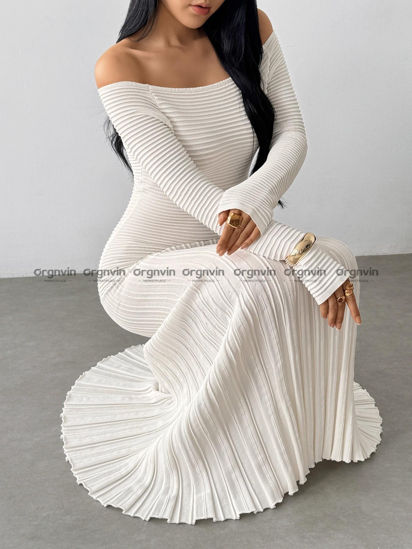 Elegant Women's Fall Winter Party Dress, Ruffled Long Skirt, Fashionable One Shoulder Knit Dress, Slim Fit, Chic and Stylish