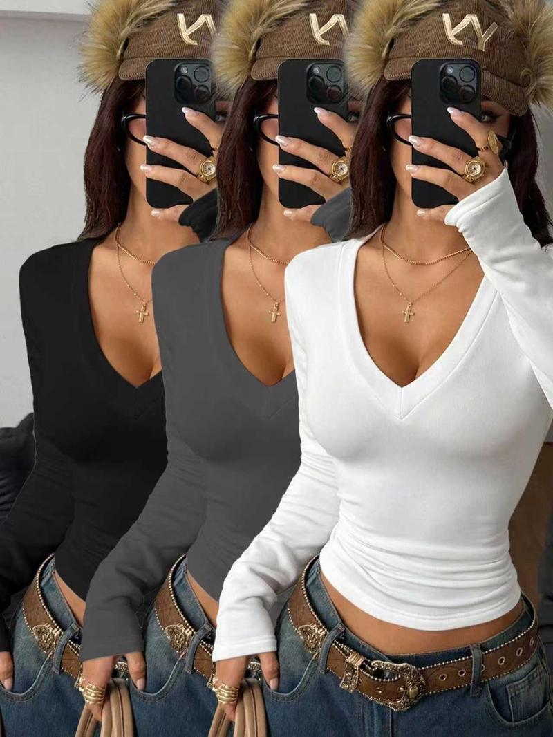 Women's 3-Piece Fall Winter Solid Color V-Neck Waist Cinching Long Sleeve T-Shirt Set, Inner Wear & Outerwear