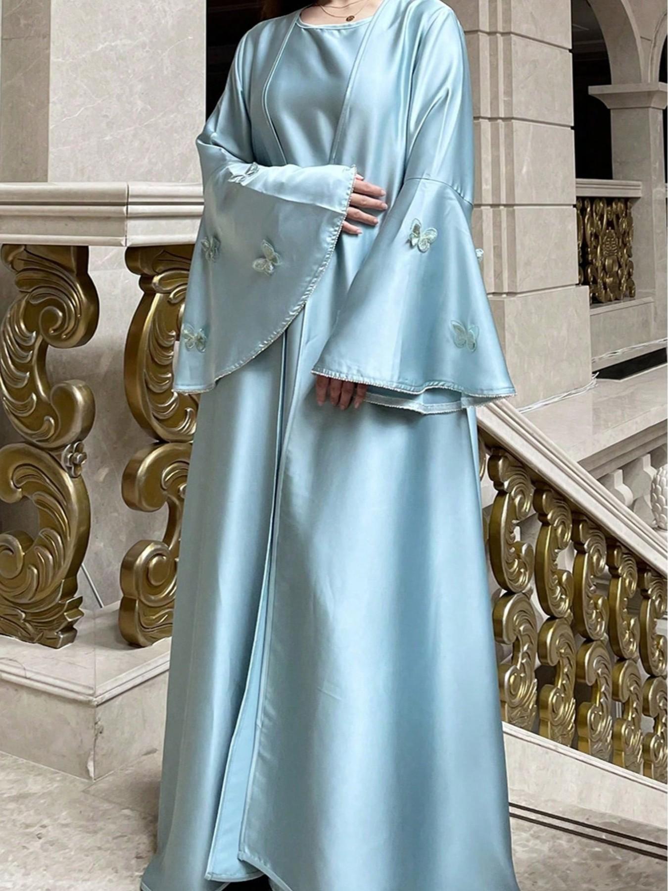 Hafizah Satin Butterfly Embroidery Blazer + Beaded Waist Long Dress Set, Shimmering Formal Wear for Women, Elegant Formal Style, All-Season Loose Fit