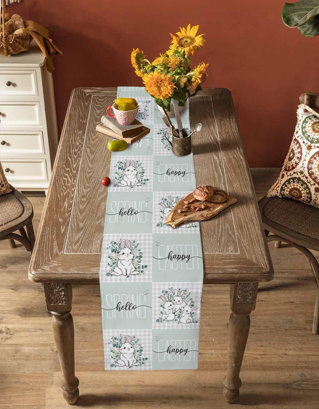 1pc,Easter Table Runner Small Kitchen Dining Room Decor, Round Square Wedding Coffee Party Home Easter Bunny Spring Eucalyptus Leaves Tartan