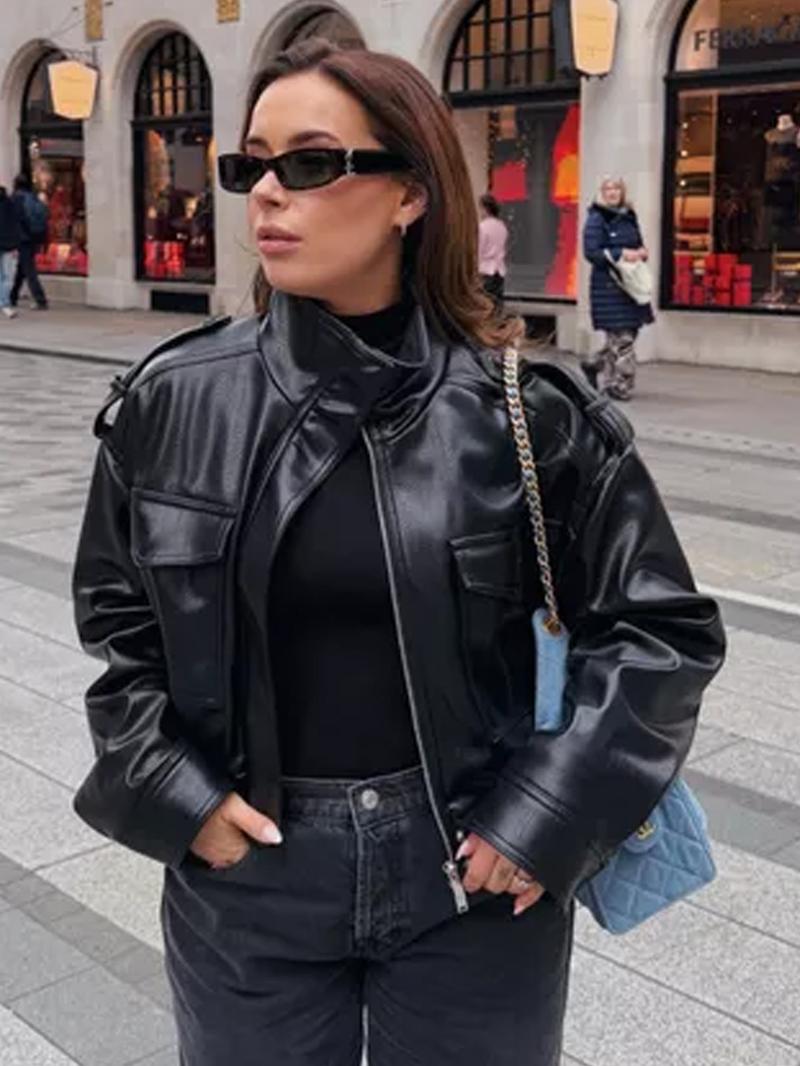 Women's Cropped Bomber Jacket Demi-Season Faux Leather Jacket Long Sleeve Green Black Jacket Women's Moto Biker Zipper Jacket Street Short Coat Aviator Jackets