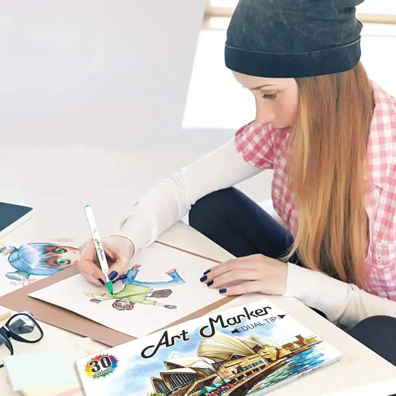 30-Color Colored Markers Drawing & Painting Supplies, Dual-Tip Marker ...