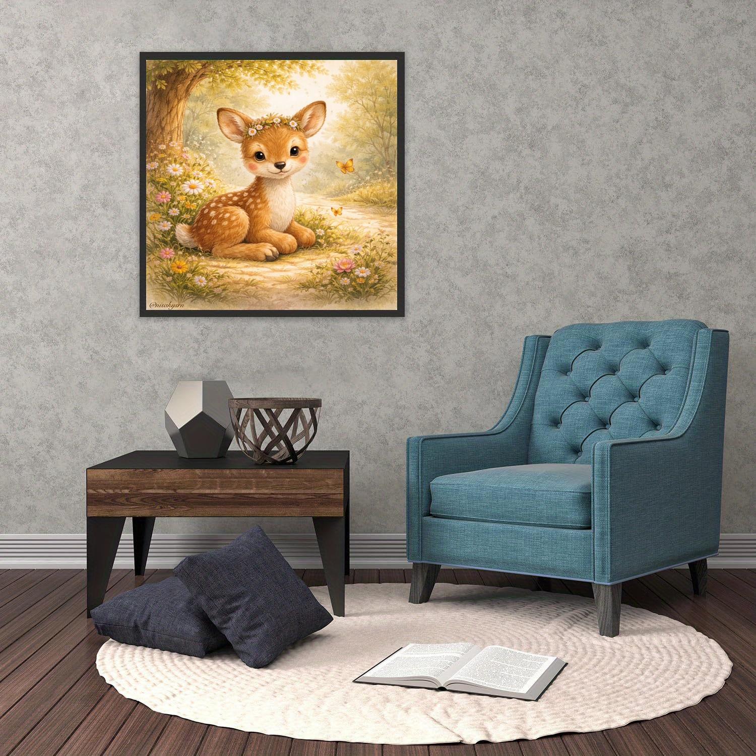 A 2D flat unframed hand-made DIY diamond painting kit with cute cartoon deer, forest flowers and butterflies pattern, warm and healing, high-definition full drill, suitable for home decoration, handcraft lovers and gift-giving.