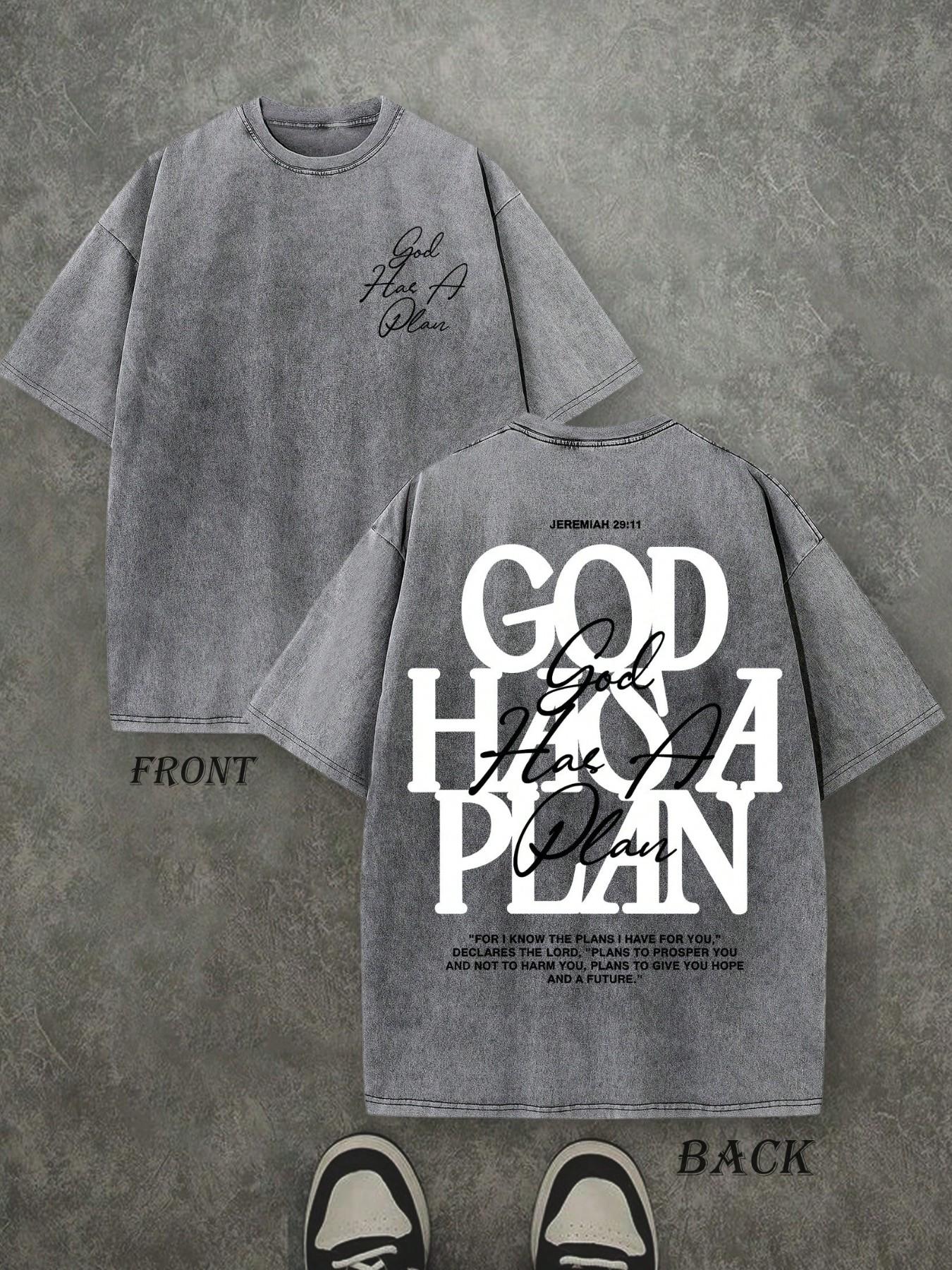 Men's Vintage Washed T-Shirt, Dual-Sided Print, 230 Pure Cotton Material, God Has His Own Plan Letter Print, Casual Street Style