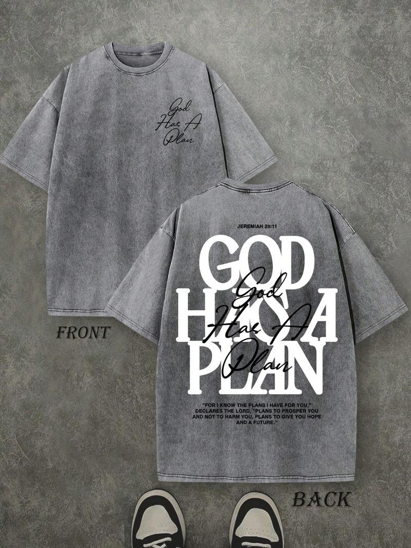Men's Vintage Washed T-Shirt, Dual-Sided Print, 230 Pure Cotton Material, God Has His Own Plan Letter Print, Casual Street Style
