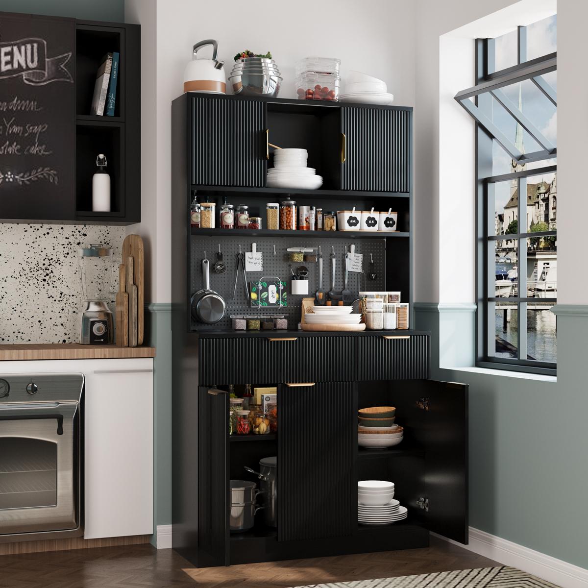 Aobtkel 73" Rectangular MDF Wood Fluted Texture Kitchen Pantry Cabinet - Single Unit with Storage, Charging Hub Station, DIY Pegboard Includes Kits, Anti-Tip Base for Living Room Microwave Stand Hutch, Black, Pantry Organization