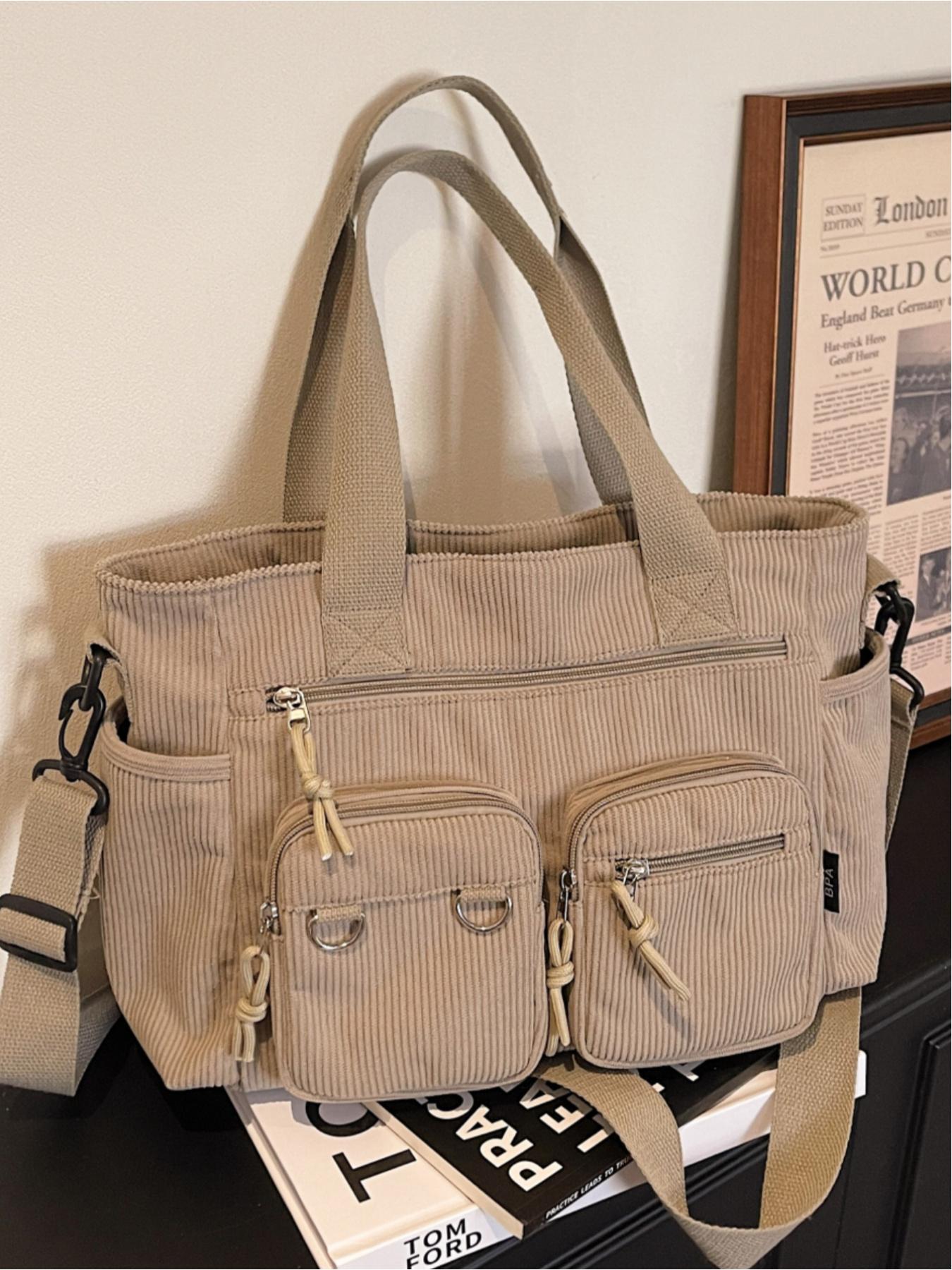 Corduroy multi-pocket large-capacity tote bag, Commuter Tote Bag, casual and versatile, suitable for shopping, school, work, commuting, and everyday accessories Corduroy multi-pocket large-capacity tote bag, Commuter Tote Bag, casual and versatile, suitable for shopping, school, work, commuting, and everyday accessories