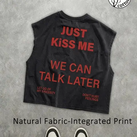 Unisex 3-Color Washed Vintage "JUST KISS ME" Slogan Print Sleeveless Tank Top | Y2K Emotional Aesthetic High Street Streetwear