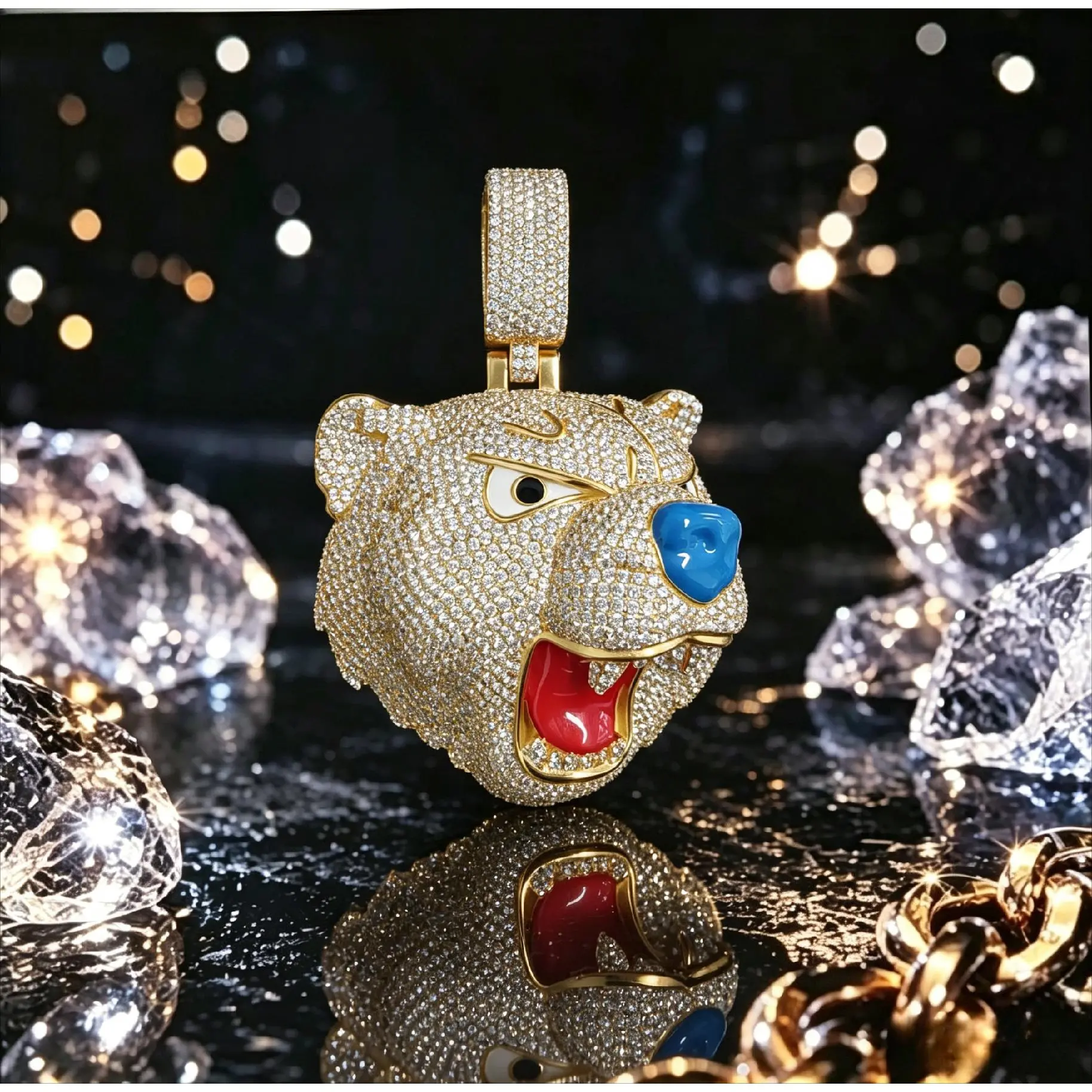 Men's Hip Hop Large Ferocious Polar Bear Head Pendant, Blue Nose, Red Mouth, Shiny Fashion Costume Jewelry Charm