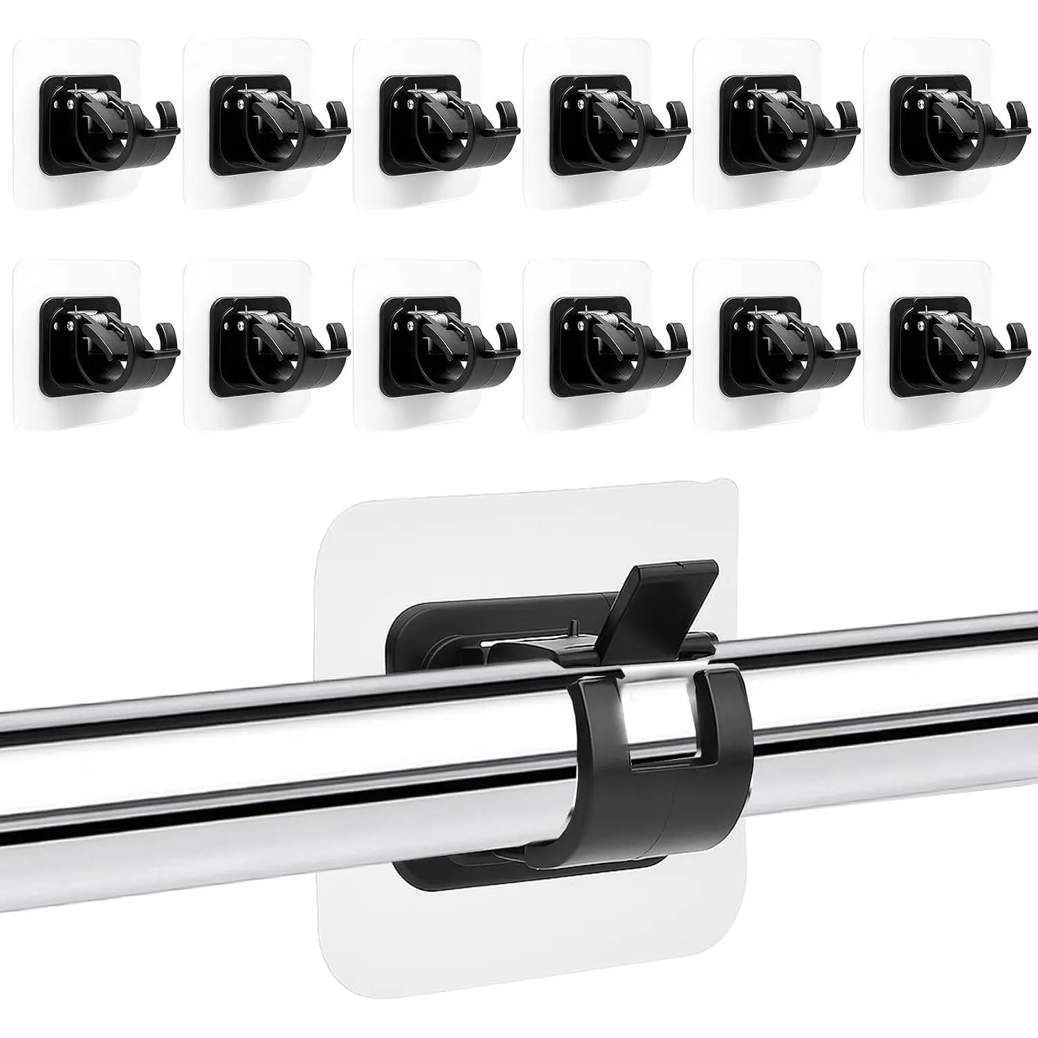 No Rod Brackets, 12Pcs Self Rod Holders No Drilling, Nail Free Drillless Nailless Rod Holder Hanger Hook Bracket for Wall Home Hotel Dorm, Black