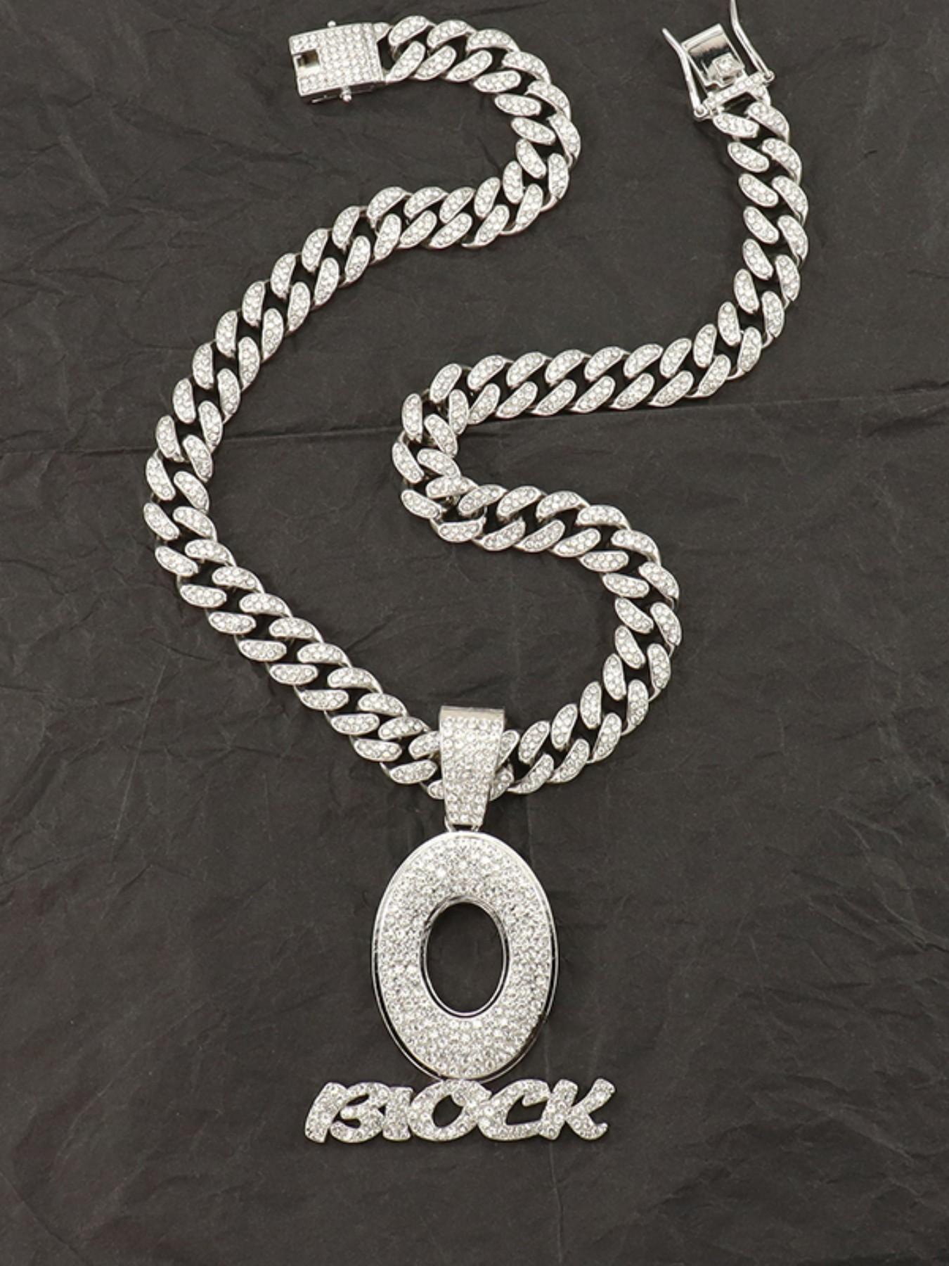 Men's Fashion Zircon Letter Pendant Necklace, Hip-Hop Trendy Full Drill Oblo Block Design, Simple Daily Wear Jewelry, Chain Necklace