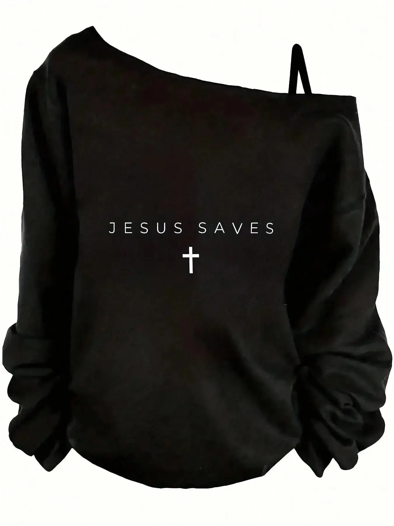 Soft Fleece Oversized Women Off Shoulder Sweatshirt, Stylish Sweatshirt,Jesus Saves Cross Graphic Long Sleeve Pullover,Minimal Christian Faith Print Slouchy Tops,Casual Daily Streetwear Trendy Aesthetic Going Out Fall Winter Sweatshirts