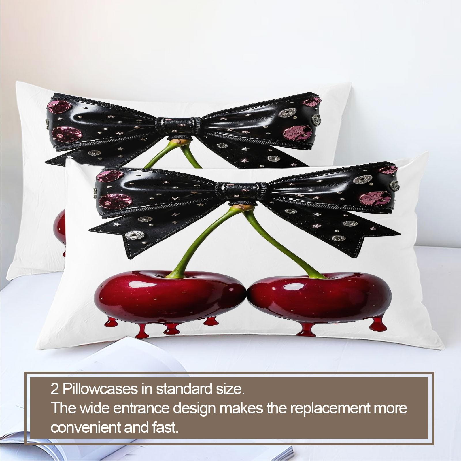 Gothic Cherry Bow Duvet Cover Set, 1 Duvet Cover + 1/2 Pillowcases, Dark Aesthetic Bedding, Cute Fashion Gifts for Goth Girls