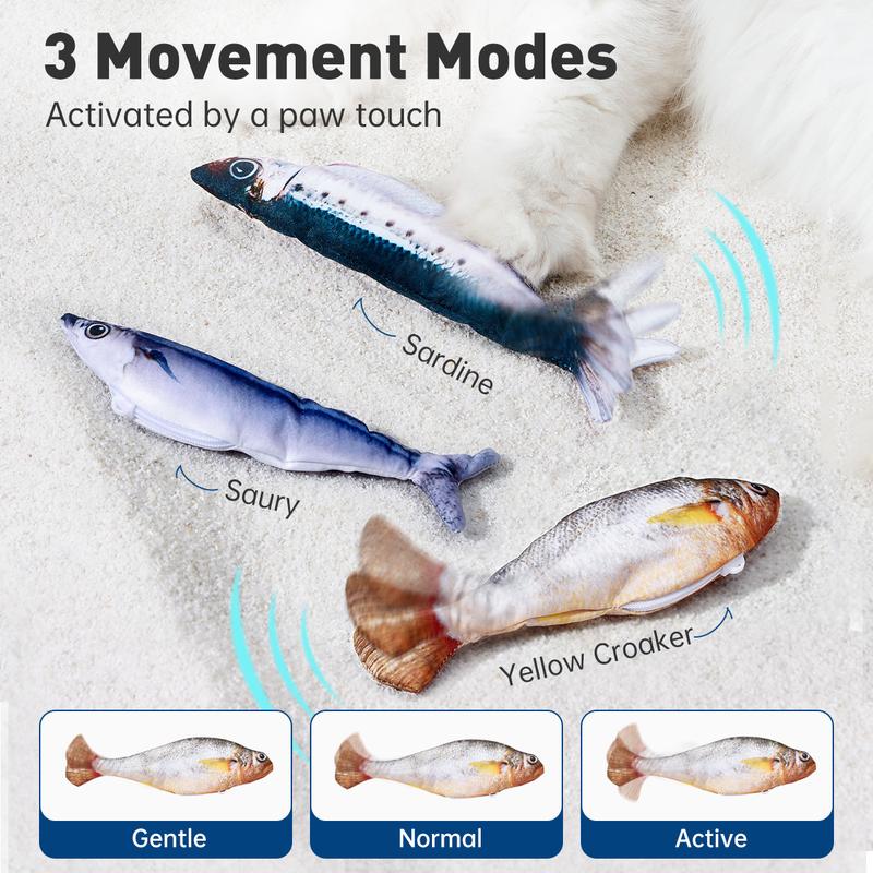 3-Pieces Cute Universal Sardine Flopping Fish Interactive Cat Toys, Rechargeable 7.1-Inches Catnip Toys with 3 Flapping Modes for All Breeds Cats, Interactive Toy