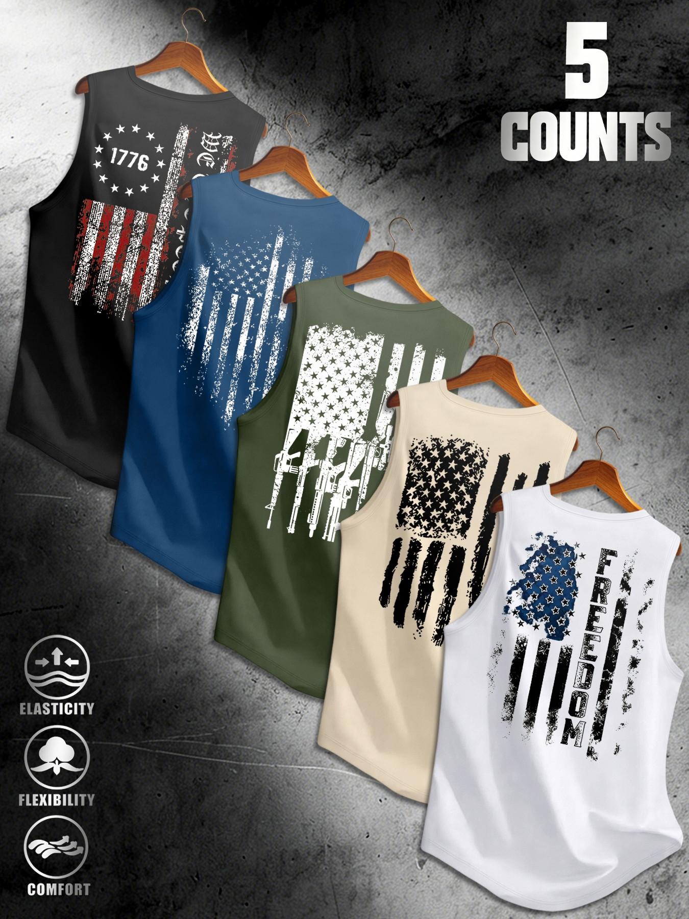 Men's Wide Shoulder Vest Tank Top Set of 5, Usa Flag Print Design, Summer Sleeveless T-Shirt, Comfortable Fashion Top for Daily Wear, Sleeveless Summer Shirts