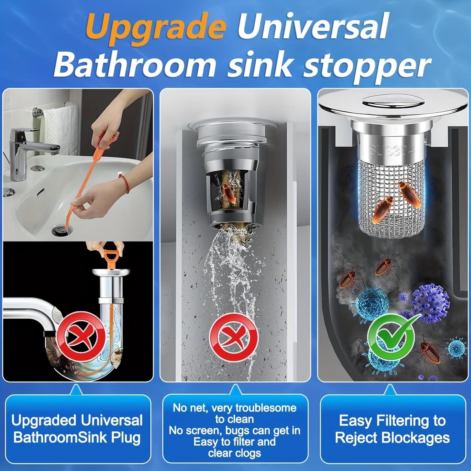 Stainless Steel Pop-Up Sink Drain Filter with Detachable Mesh Basket, Anti-Clog Filter Drain Blocker for Bathtub/Shower, Chemical-Free Hair Collector, Easy Snap-In Plug Replacement, Quick Cleaning