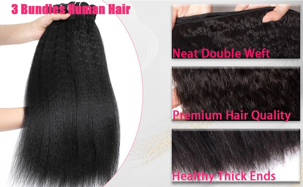 VIPbeauty Kinky Straight Bundles Yaki Straight Bundles Human Hair 16A 100% Unprocessed Virgin Full and Thick 3 Bundles, Silky Soft, No Shedding, No Smell, No Tangle