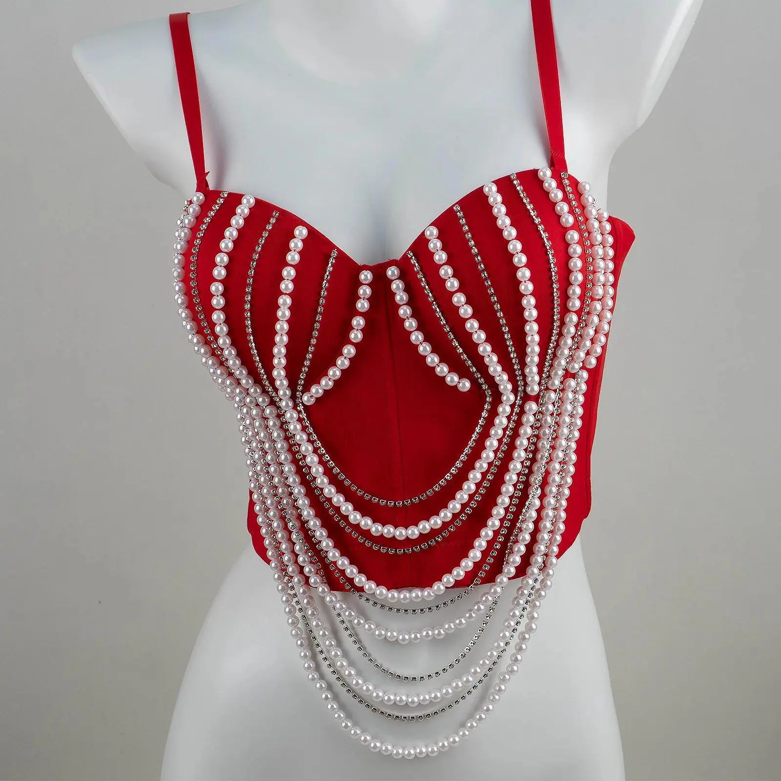 Galaxy Pearls Chain Steel Bone Corset Outer Wear Removable Chain Bustier Top Women Heavy Duty Lace Fishbone Shaping V-Neck