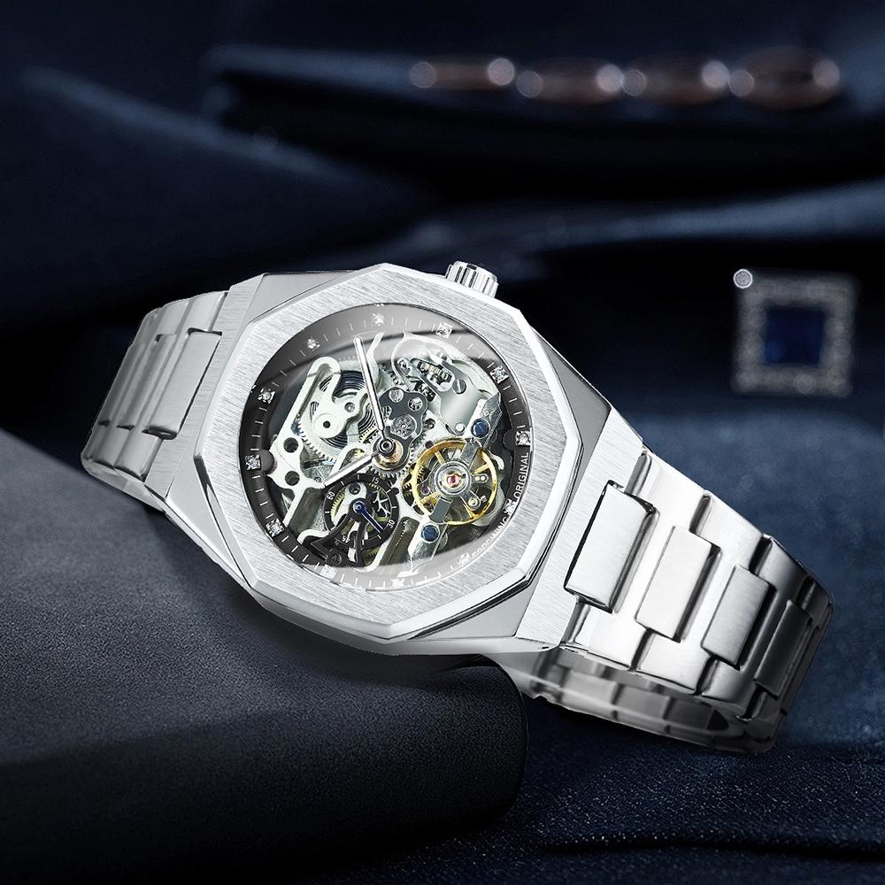 Men's Classic Business Rhinestone Decorated Analog Mechanical Watch, Fashionable Wristwatch for Men, Stylish Watch, Luminous Hands Watch for Party, Daily Clothing Decor, Watch for Birthday Gift with Box, Stainless Steel Wristwatch