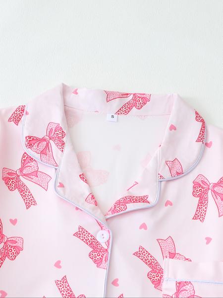 Women's Leopard Print Fitted Pajama Set with Bow Tie, Short Sleeve Shirt and Long Pants for All Seasons, Comfortable Casual Sleepwear