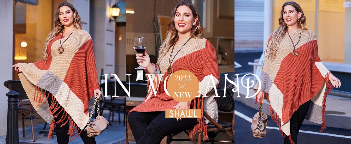 IN'VOLAND Women's Knitted Shawl Poncho with Fringed Capelet V-Neck Striped Sweater Pullover Cape Strapless IN'VOLAND Women's Knitted Shawl Poncho with Fringed Capelet V-Neck Striped Sweater Pullover Cape Strapless