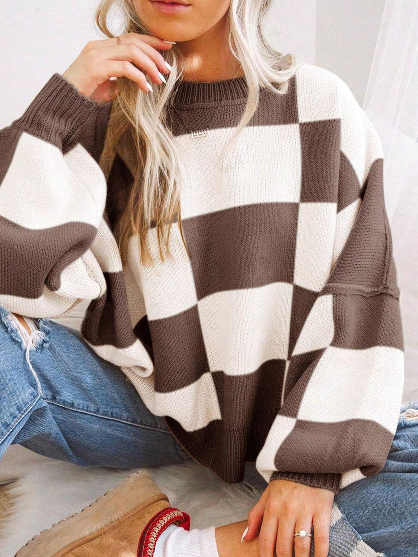 Plus Size Plaid Drop Shoulder Sweater, Casual Long Sleeve Knitwear for Fall & Winter, Loose-Fitting Round Neck Pullover for Women, Knitwear Tops