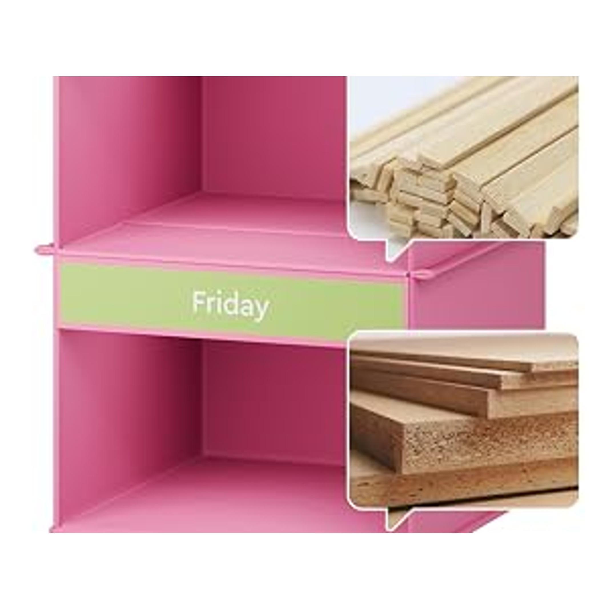 Colorful Bamboo 6-Shelf Weekly Hanging Closet Rack with Insert Hooks & 2 Side Pockets, Pink Kids’ Clothes Organizer