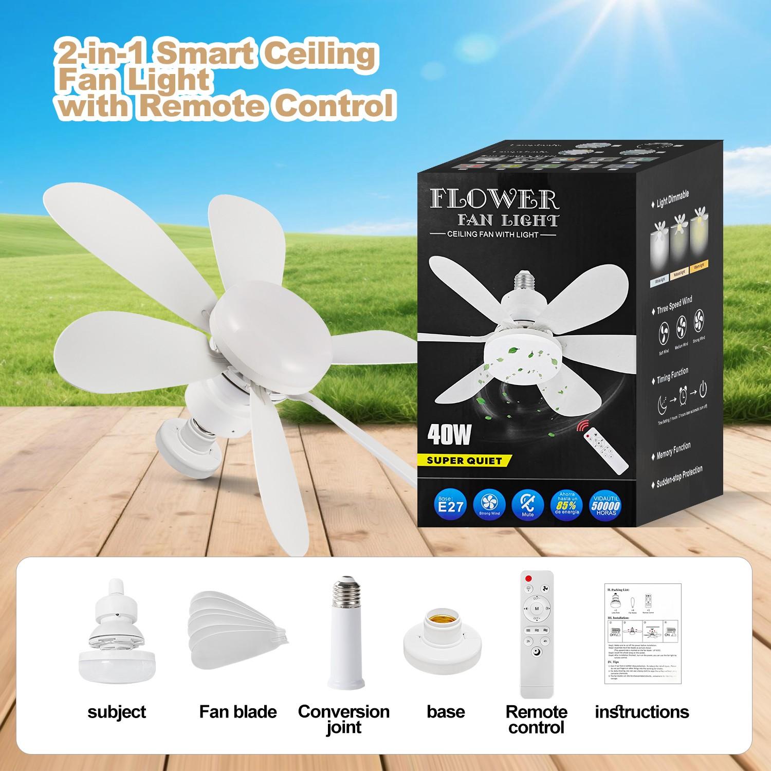 20.5-Inch E27 Ceiling Fan Light with Remote, Silent Strong Wind, Adjustable Brightness, Three Speeds, LED Energy Saving for Home