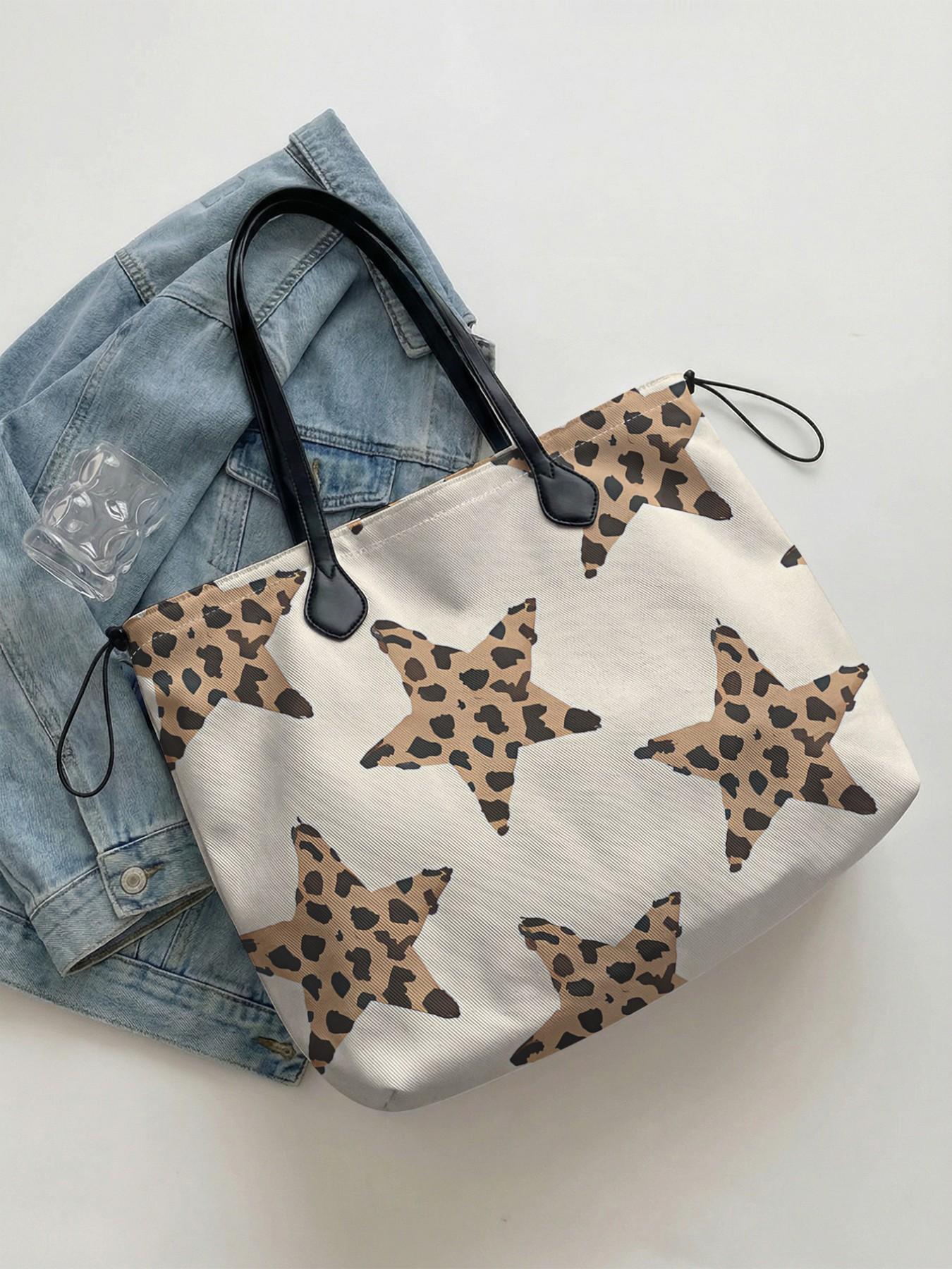 Leopard Print 2D Star Pattern Drawstring Tote Bag, Large Capacity Durable Shopping Bag for Work, Shopping and Picnics