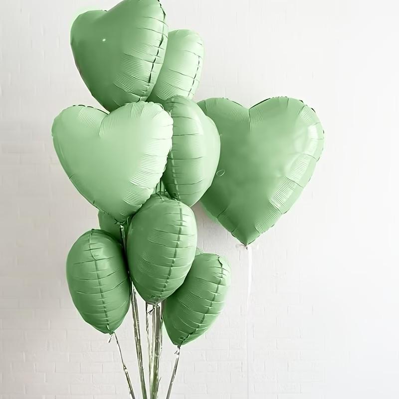 Light green cream colored heart-shaped aluminum foil balloons, 12 heart-shaped balloons with 2 accessories, suitable for jungle adventure parties, birthdays, graduation ceremonies, garden weddings, baby shower party decorations