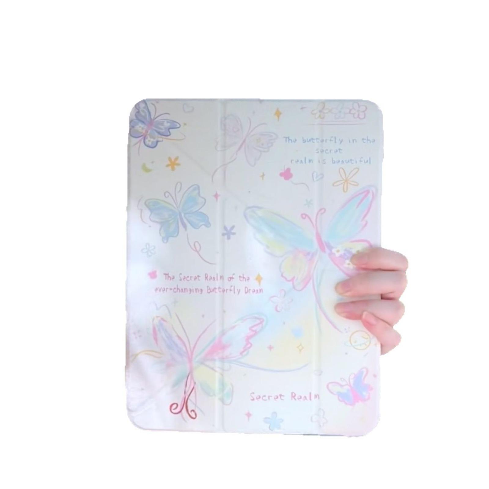 Ins Secret Garden Butterfly Y-Fold iPad Protective Case, Shockproof Clear Acrylic Tablet Cover with Built-in Apple Pencil Slot, Compatible with iPad Air 5/Air 6 11 Inch, Multi-Angle Stand Girly Aesthetic Tech Accessory
