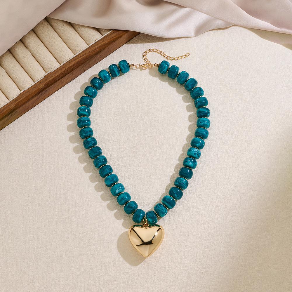 Women's Boho Natural Stone Beaded Choker Necklace - Gold-Plated Heart Pendant, Adjustable Bead Collar, Vintage Statement Jewelry for Daily, Party Use (5 Styles: Multicolor, Emerald Green, Teal, Cream, Lapis Lazuli)