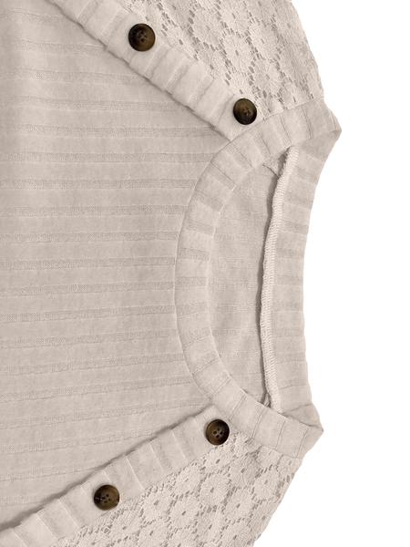 Women's Contrast Floral Lace Button Decor Ribbed Tee, Casual Drop Shoulder Long Sleeve Round Neck T-shirt for Spring & Fall, Fashion Women's Knitwear Tops for Daily Wear