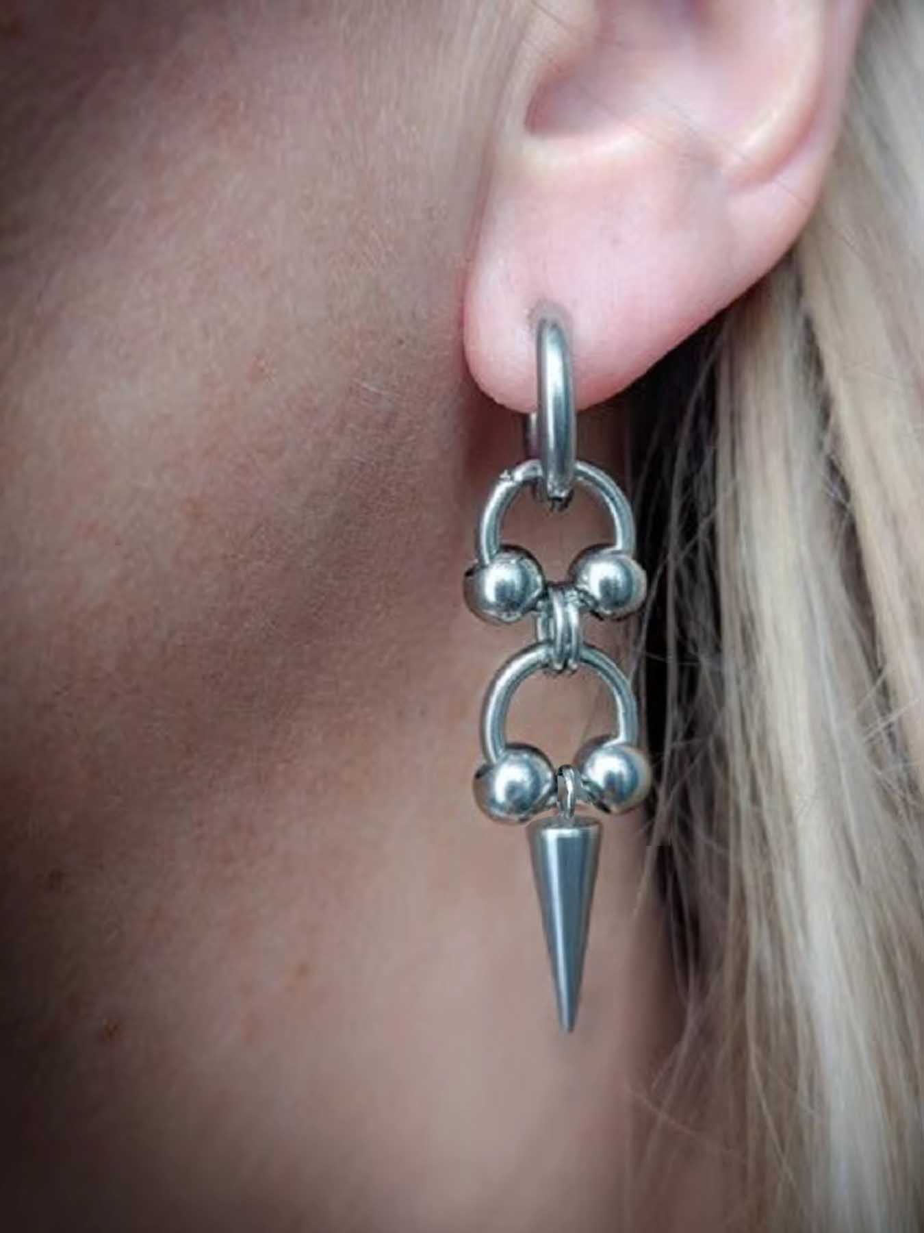 1 Pair of Gothic Stainless Steel Rivet Pointed Cone Double Ring Earrings, Retro Men's and Women's Earrings, Minimalist Punk Party Street Style Earrings