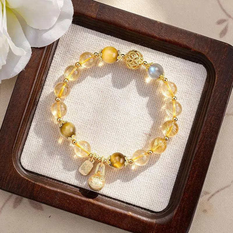 Natural Golden Rutilated Quartz Bracelet, Moonstone Tiger Eye Beaded Bracelet with Fortune Pixiu Fu Charm, Wealth Healing Crystal Jewelry Gift for Women Girlfriend, 15Cm, Fortune Charm
